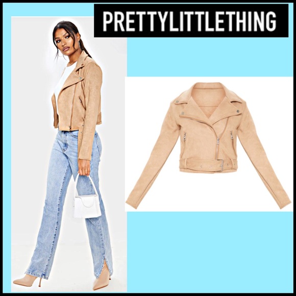 NWT PRETTYLITTLETHINGS CAMEL FAUX LEATHER SUEDE BIKER JACKET Sz XS - Picture 2 of 14